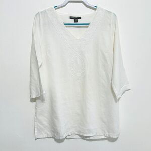 Tommy Bahama 100% Linen Tunic Top Sz Small White Cover-Up Embroidered V-Neck